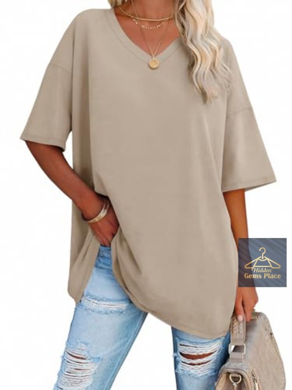 Oversized V-Neck Tunic Tee Half Sleeve Cotton Blend Plus Size Workout Top